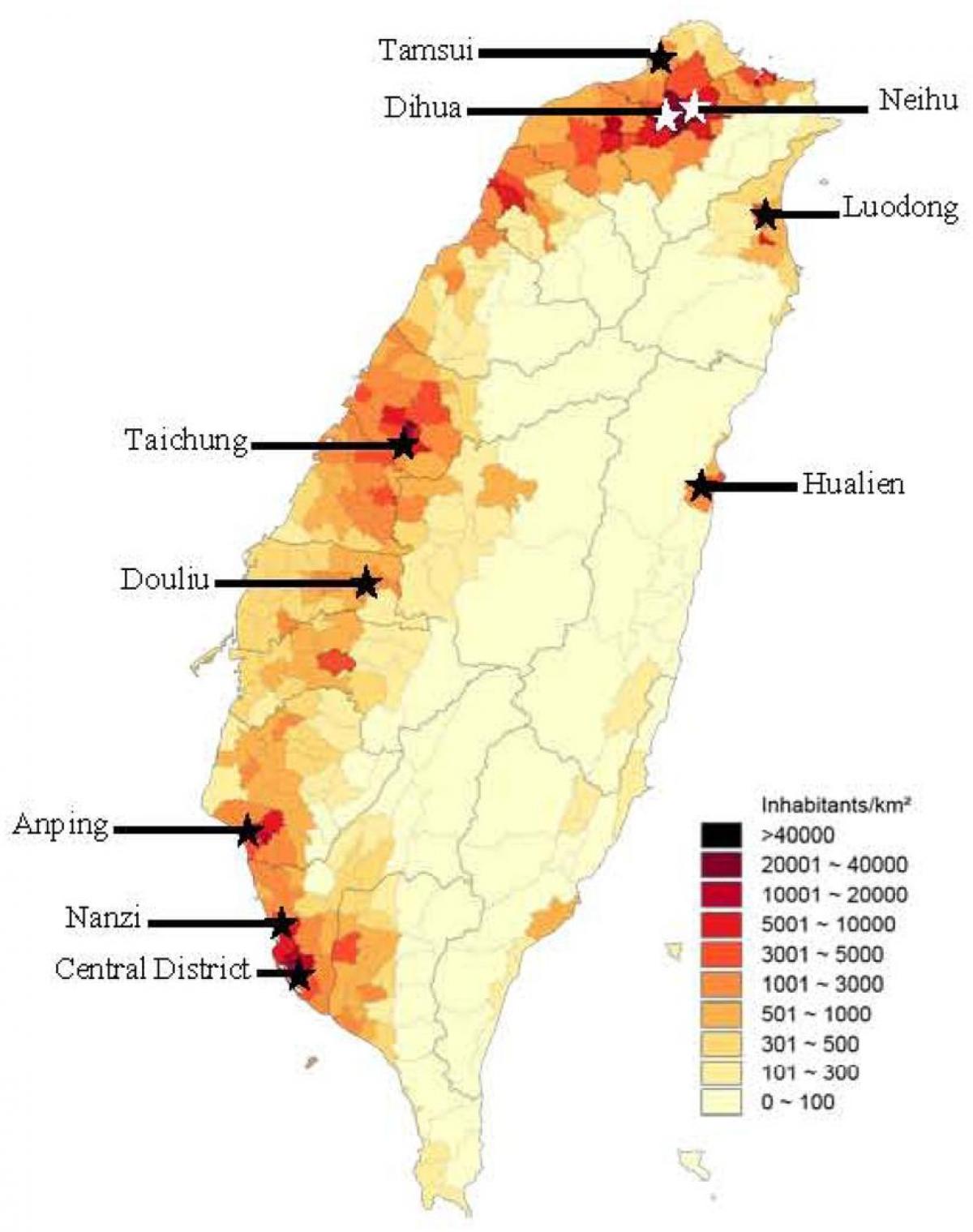 Taiwan rahvastiku tiheduse kaart